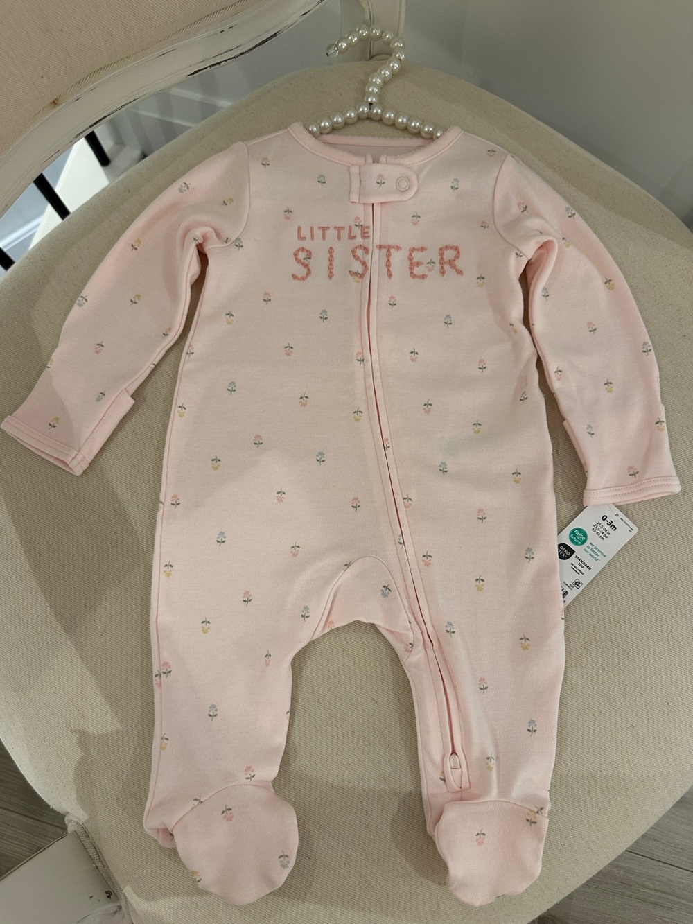 🦢 0~3 Mth Pale Ballet Pink 'Little Sister' Cotton Footed One-Piece Sleeper NWT